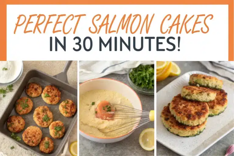 Step-by-step infographic for making salmon cakes: ingredients, mixing process, forming patties, cooking methods, and final plated dish with nutrition benefits highlighted