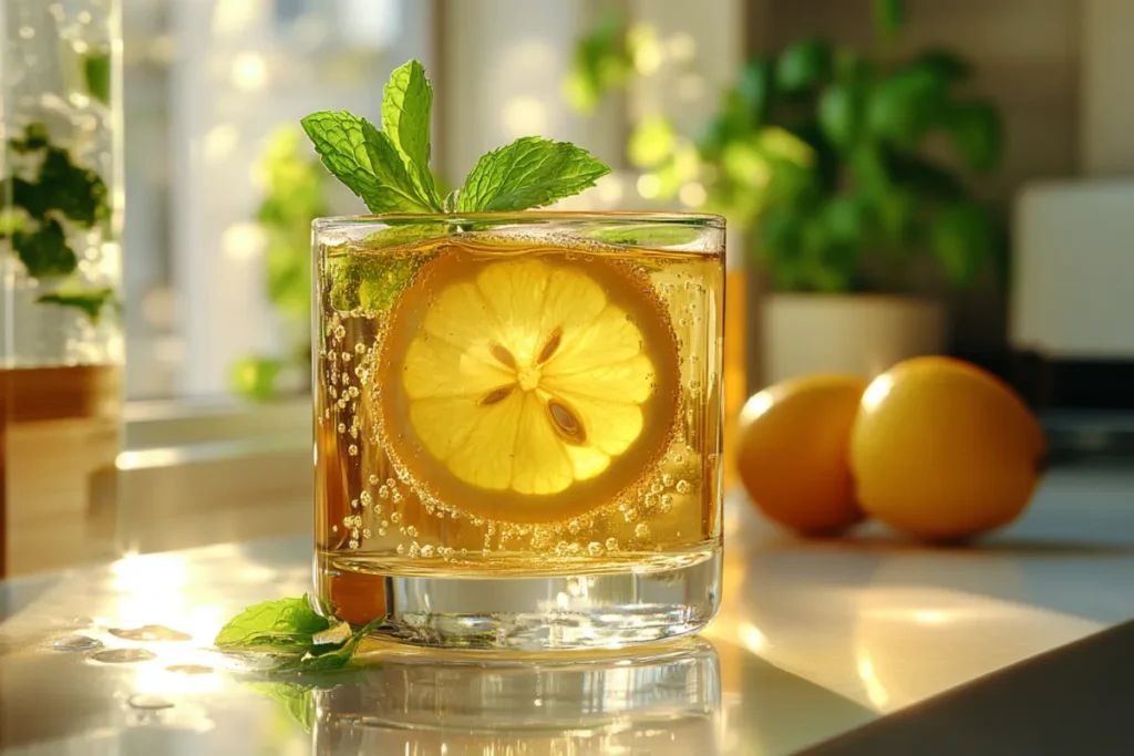 Golden green tea shot in a clear glass with lemon slice and mint sprig, glowing in natural sunlight for a vibrant and healthy drink
