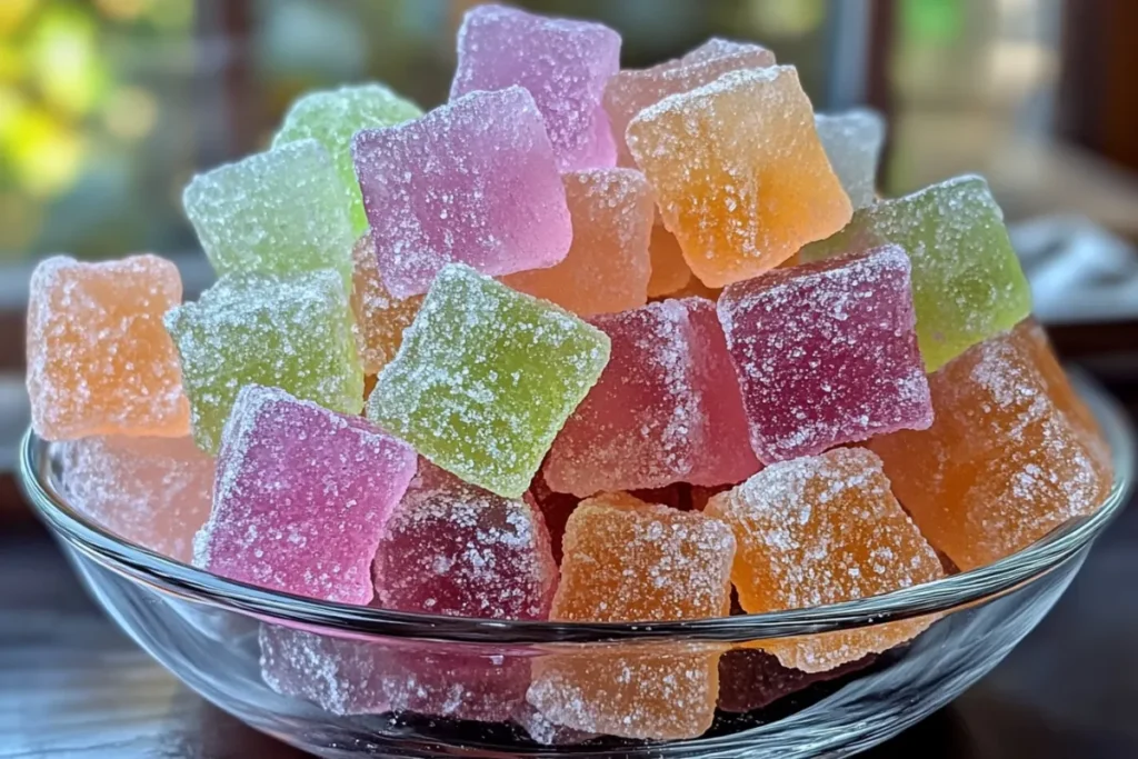 A glass bowl filled with colorful homemade rock candy pieces, coated in sugar crystals. The vibrant hues of pink, green, orange, and purple make the candy visually appealing. The bowl sits on a wooden surface with a blurred background, creating a warm and inviting look
