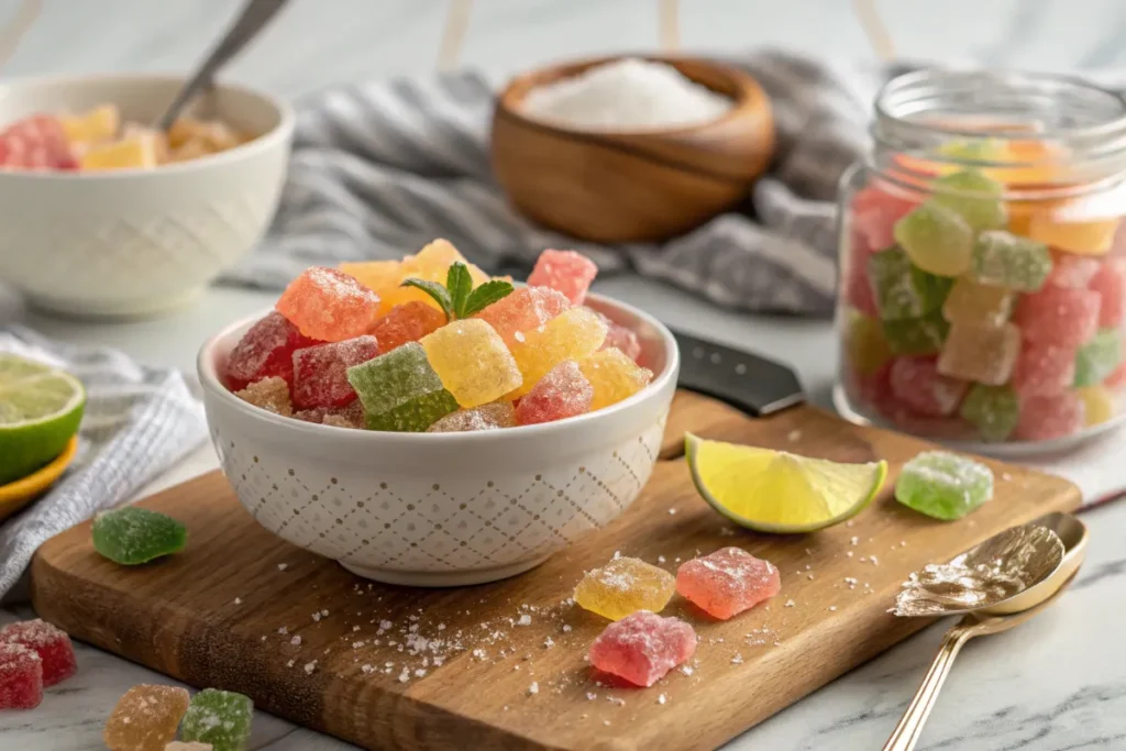 "A white ceramic bowl filled with colorful, sugar-coated homemade rock candy pieces in red, yellow, green, and orange. The bowl is placed on a wooden cutting board, surrounded by scattered candy pieces, a lime wedge, and a golden spoon with sugar. In the background, a glass jar filled with more rock candy and a wooden bowl of sugar are visible, creating a cozy and inviting kitchen setting.