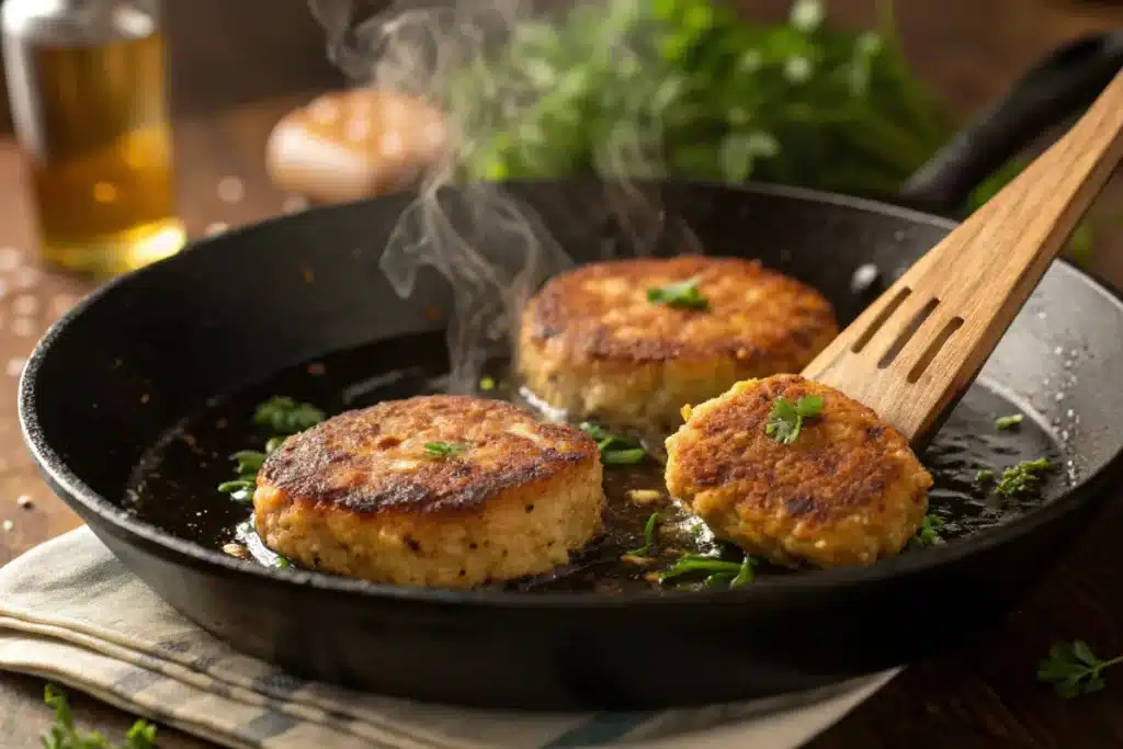 Golden-brown salmon cakes frying in cast iron skillet with crispy edges, sizzling in olive oil, being flipped with wooden spatula - perfect pan-frying technique demonstration