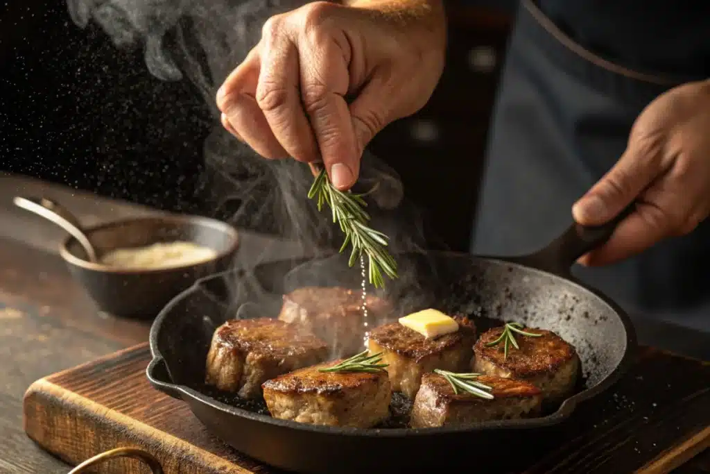 Close-up of steak bites sizzling in a cast iron skillet with melted butter and rosemary, being flipped with tongs.