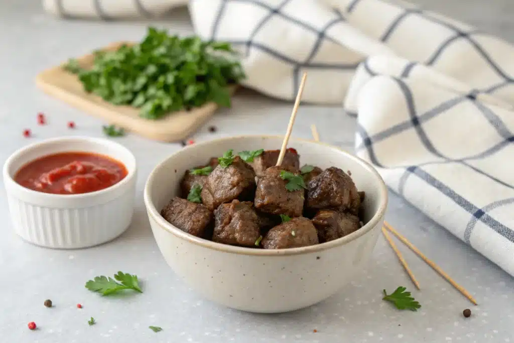 Small bowl of steak bites with toothpicks and dipping sauce on a kitchen counter next to a folded towel.