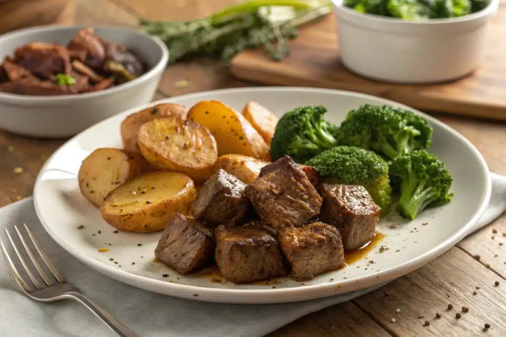 Cooked steak bites served on a white plate with roasted potatoes and broccoli, resting on a wooden kitchen table