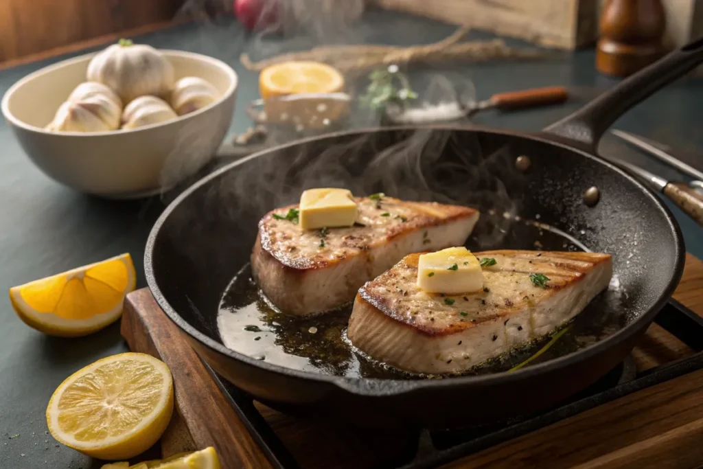 Home cook searing swordfish steaks in a cast iron skillet with melted butter, garlic, and lemon in a cozy kitchen setting.