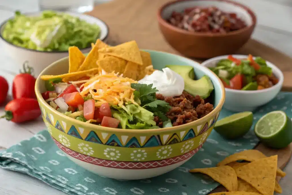 yummy taco bowl recipe in traditional bowl