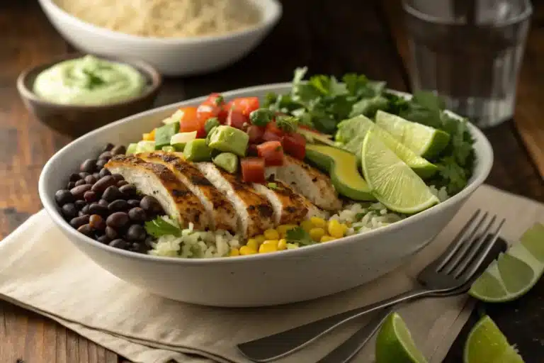 Finished homemade taco bowl with cilantro lime rice, grilled chicken, black beans, fresh veggies, and creamy avocado drizzle - perfect balanced meal in a bowl