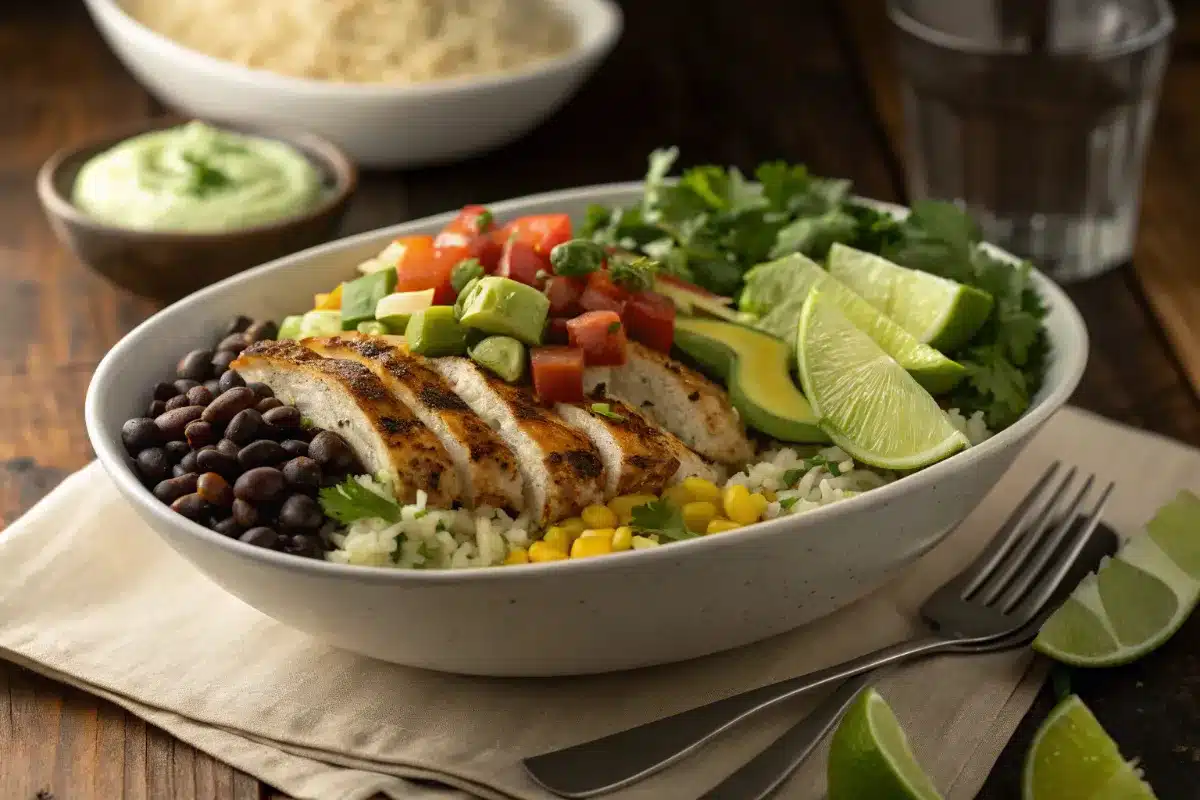 Finished homemade taco bowl with cilantro lime rice, grilled chicken, black beans, fresh veggies, and creamy avocado drizzle - perfect balanced meal in a bowl