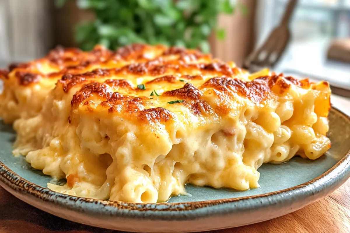A mouthwatering slice of Tini's mac and cheese, served on a blue plate with a perfectly golden-brown, bubbly top and melted cheese stretching from the pasta.
