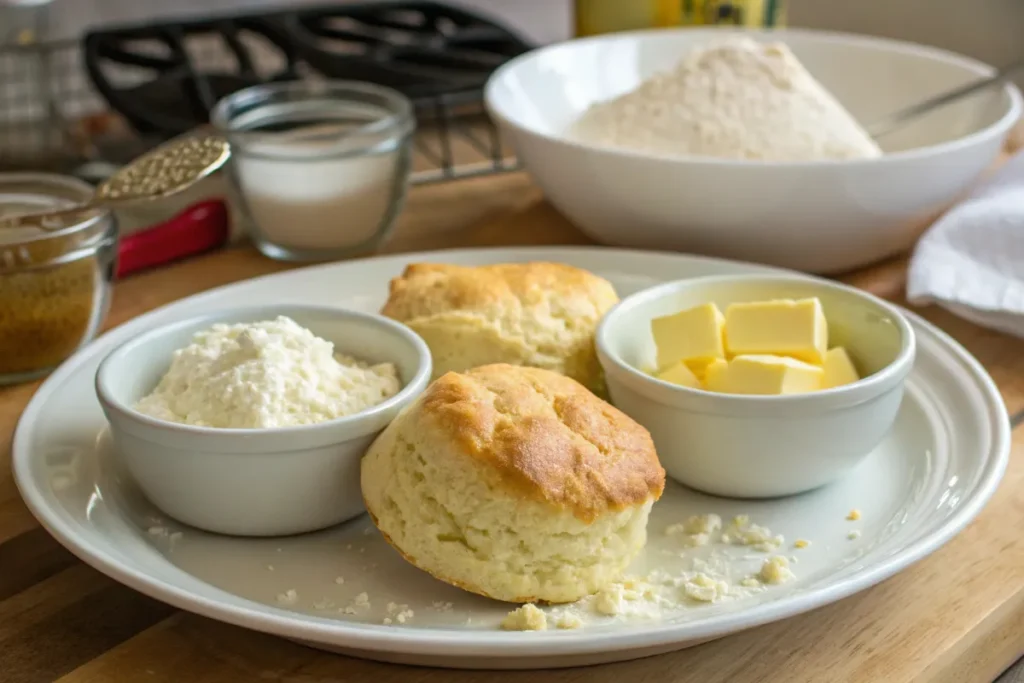 Golden, fluffy biscuits on a white plate with bowls of flour, butter cubes, and milk – ingredients for a simple 3 ingredient biscuit recipe