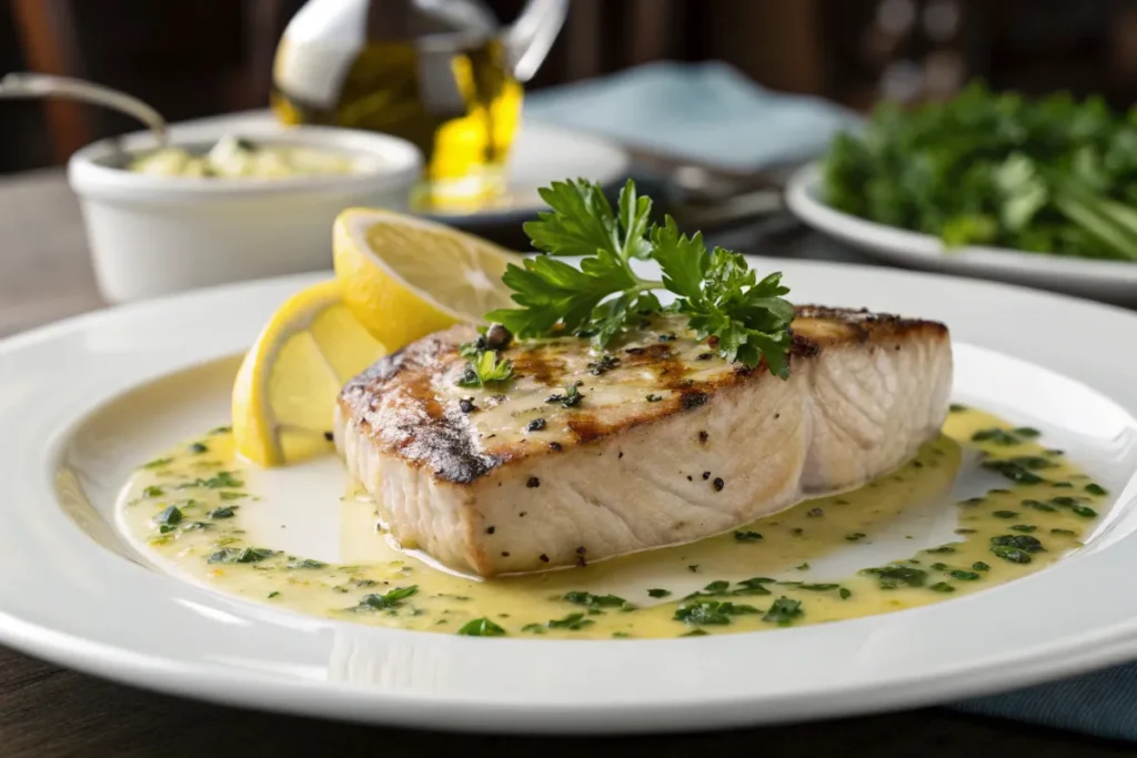 Elegant plating of pan-seared swordfish steak topped with lemon-garlic butter sauce and fresh parsley on a fine white plate.