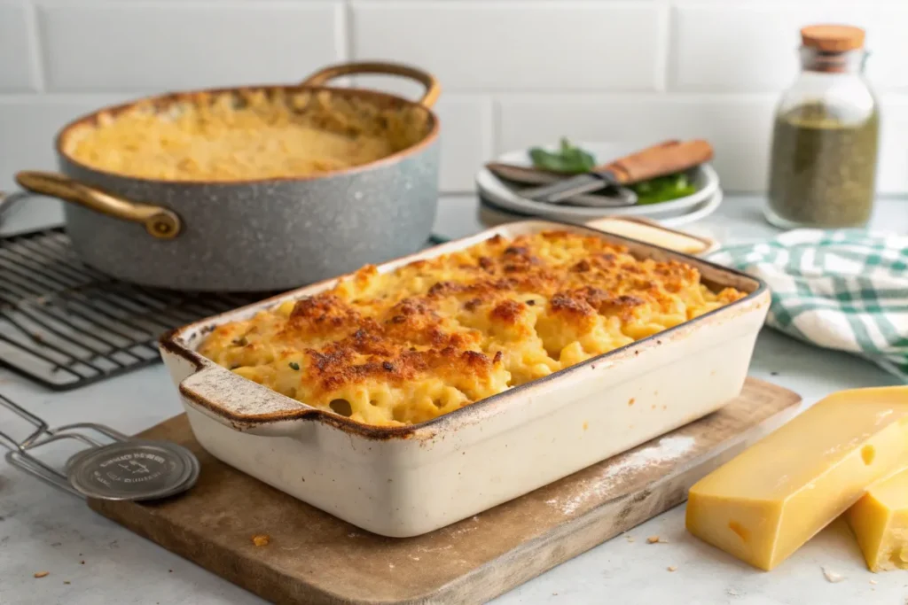 A close-up of creamy baked mac and cheese served on a plate, resting on a rustic wooden table with a cozy kitchen background.