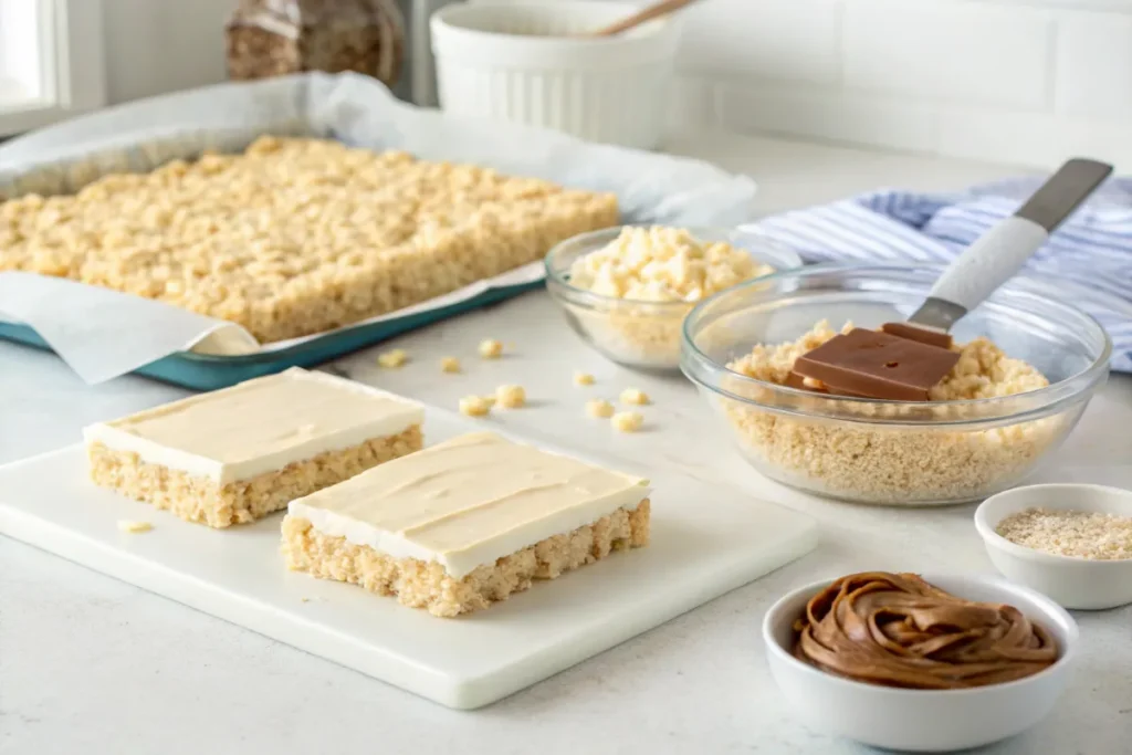 No-bake cheesecake Rice Krispy layers being assembled on a counter.