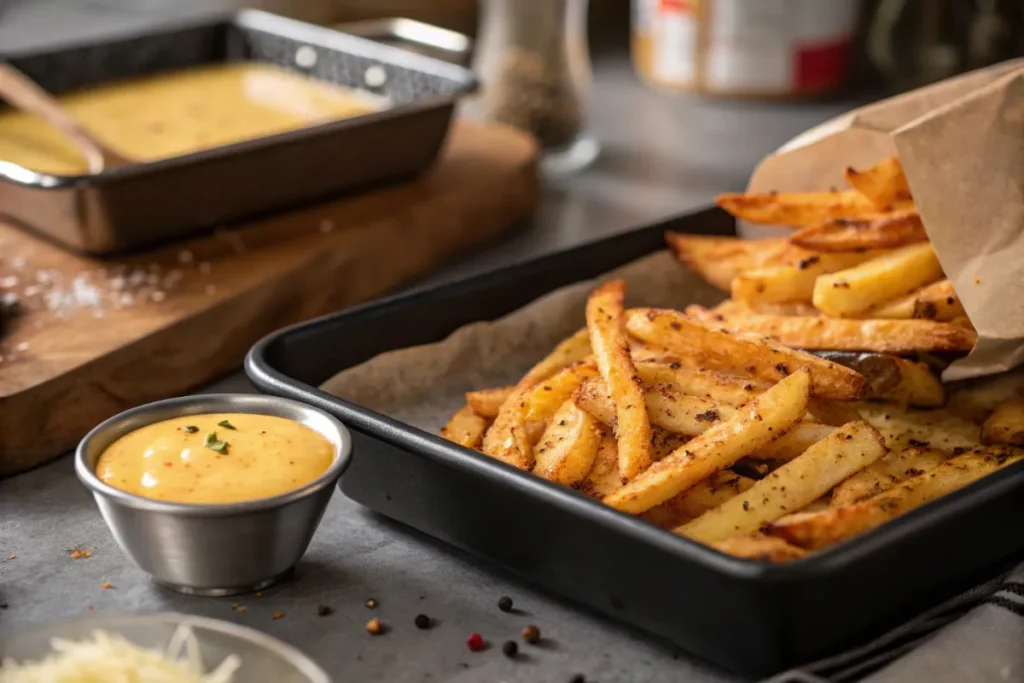Seasoned fries baking in an oven tray with cheese sauce simmering nearby, captured in a cozy kitchen without showing any people