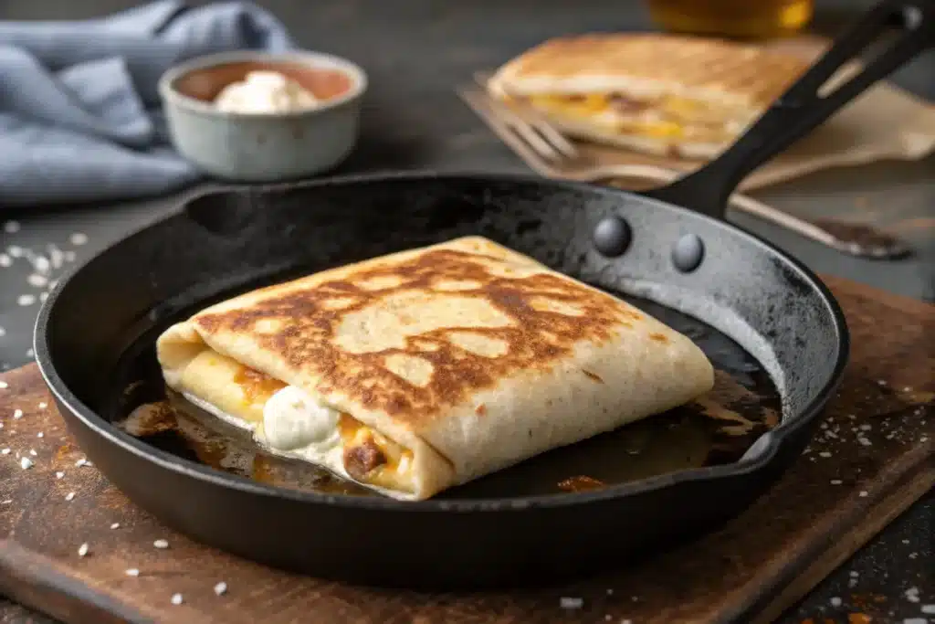 Overhead shot of the Crunchwrap in a non-stick pan, showing bubbles forming on the tortilla surface as it cooks, with golden browning edges.