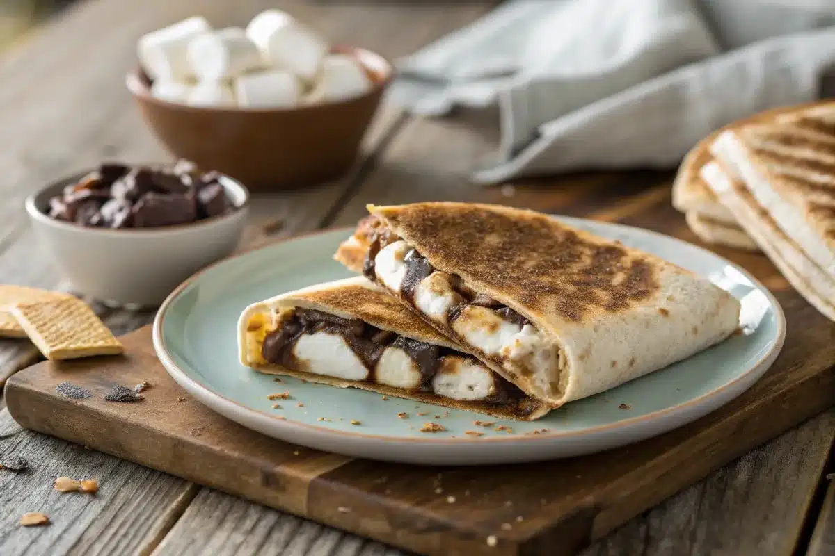 The Crunchwrap sliced open on a vintage ceramic plate on a wooden picnic table outdoors, with natural sunlight and some autumn leaves blurred in the background.
