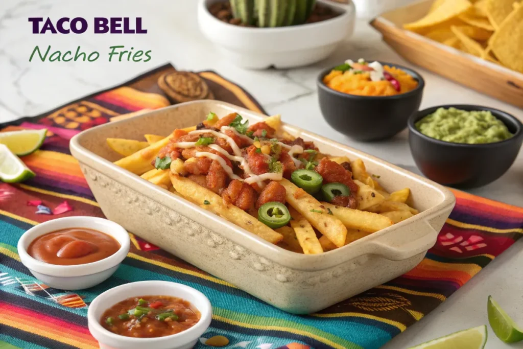 Crispy Nacho Fries topped with cheese sauce on a ceramic tray, surrounded by salsa, guacamole, and jalapeños on a vibrant Mexican-themed table.