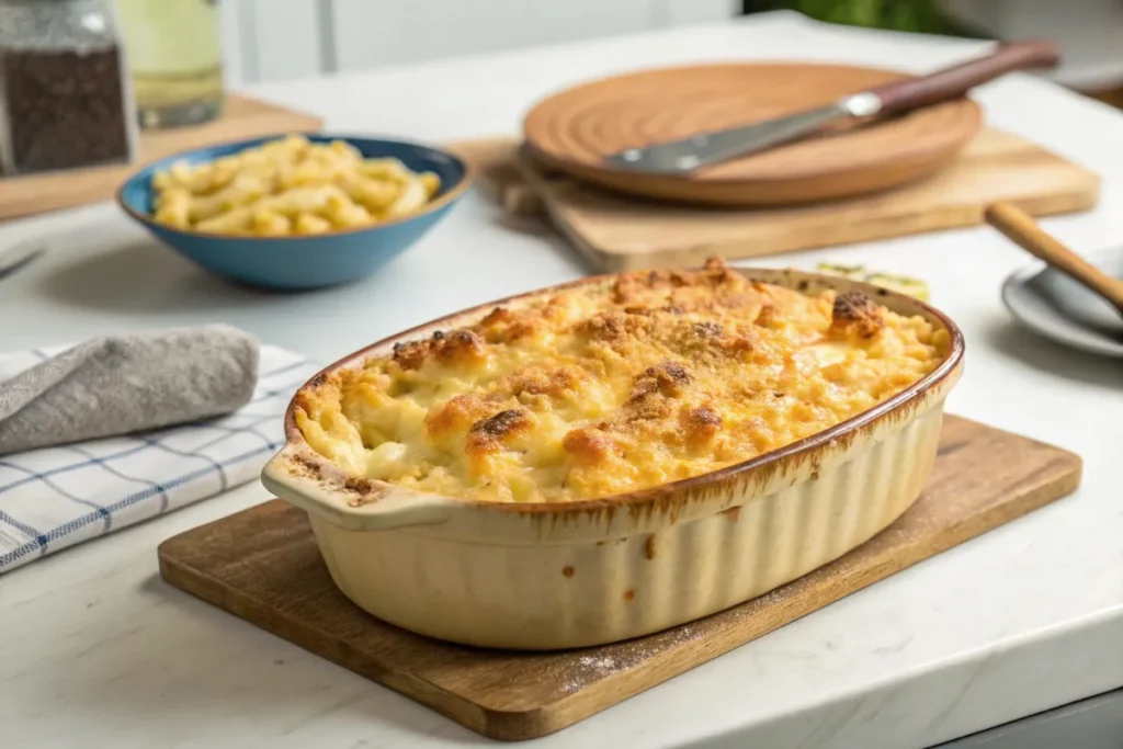 Golden baked mac and cheese fresh from the oven, topped with crispy breadcrumbs, served in a ceramic baking dish without any people or hands visible.