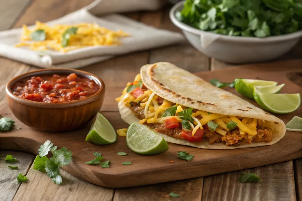 Cheesy gordita crunch plated on a vibrant Mexican-themed tablecloth with side dishes like salsa, guacamole, and lime wedges for an authentic presentation.