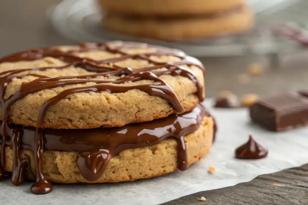 chocolate drizzle on s’mores sandwich cookie