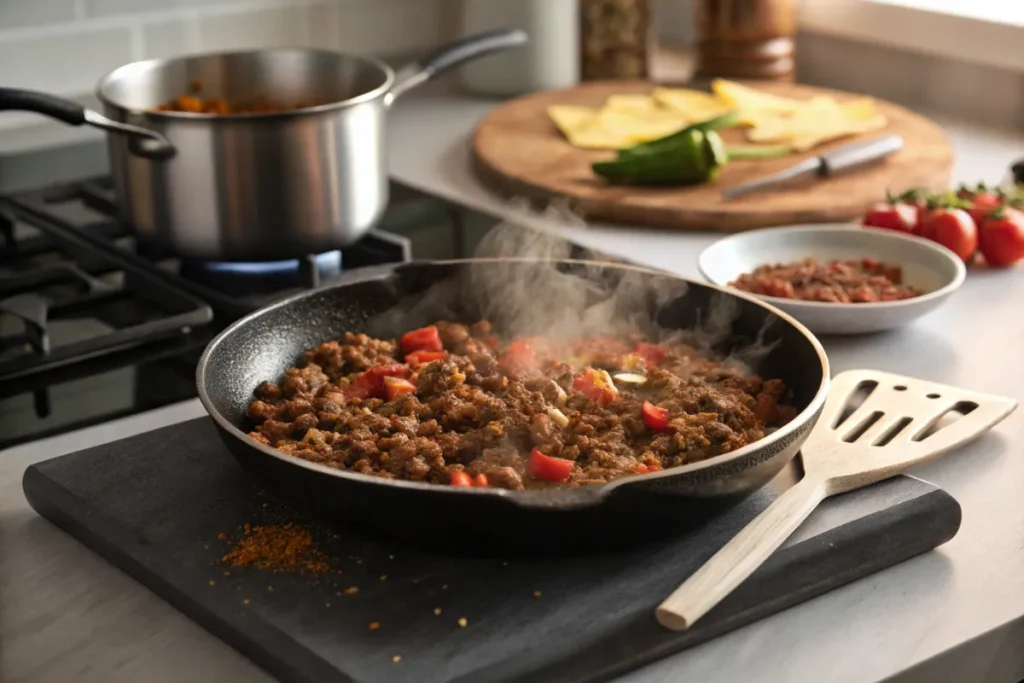 Ground beef cooking with spices in a hot pan on a stovetop, surrounded by utensils and ingredients in a clean, modern kitchen setting.