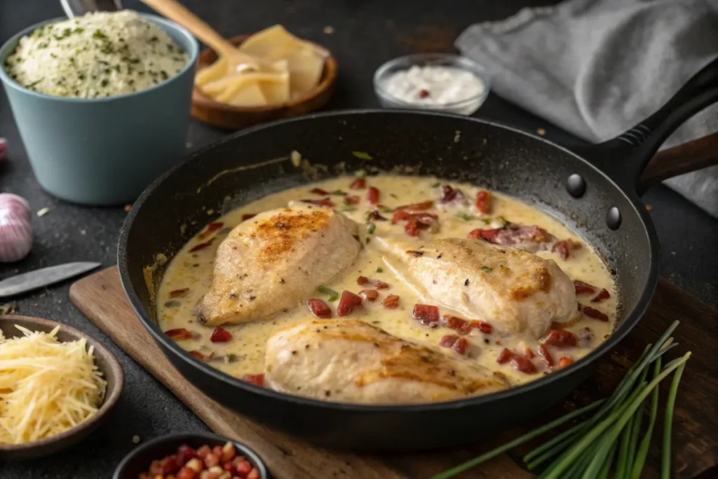 A skillet with crack chicken being cooked, showing creamy cheese and ranch seasoning blending together with the chicken, no hands or people visible.
