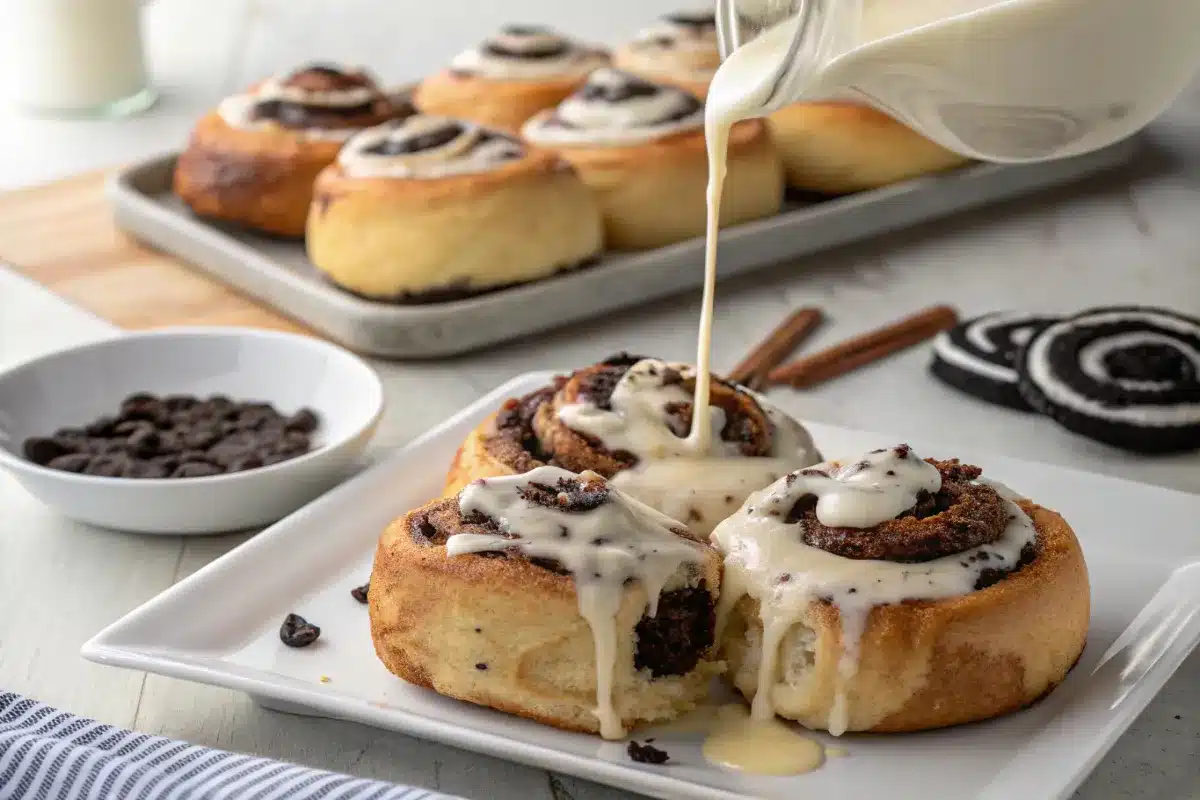 Drizzling glaze on Oreo-Stuffed Cinnamon Rolls