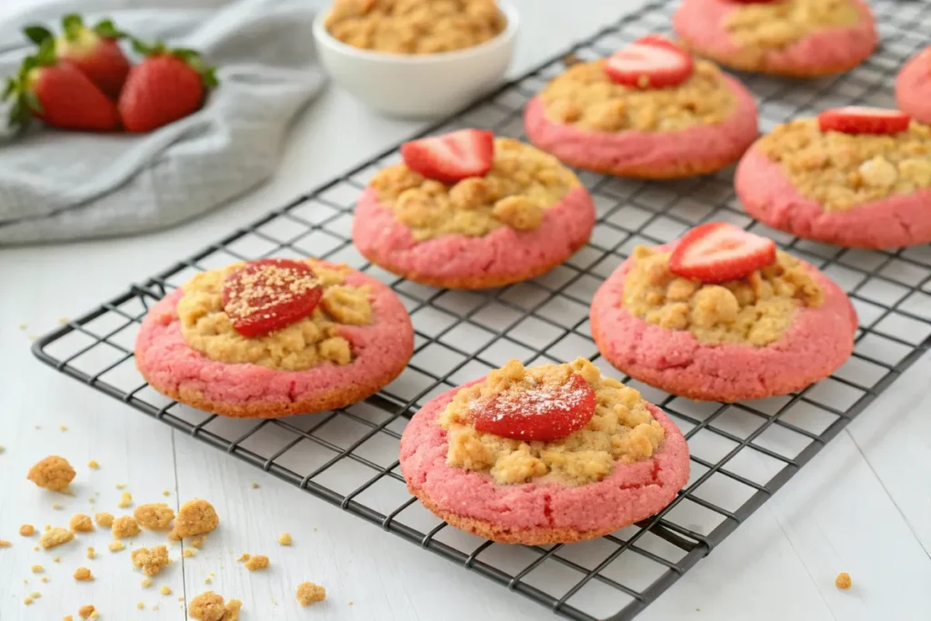 Completed strawberry crunch cookies with a crunchy Oreo topping, displayed on a rustic wooden table, set against a vibrant, colorful background with flowers.