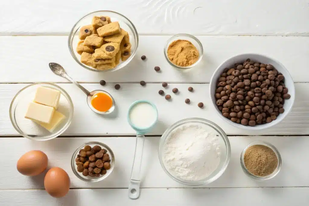 Top view of ingredients for Reese’s Peanut Butter Chocolate Chip Cookie Bites on a white wooden table, including butter, sugars, eggs, vanilla, flour, baking soda, salt, mini chocolate chips, and mini Reese’s peanut butter cups.