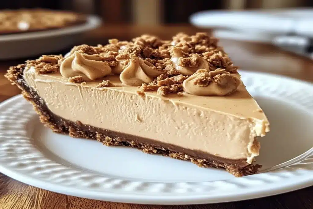 Chocolate peanut butter pie garnished with crushed peanuts and chocolate shavings, placed on a rustic wooden surface with warm natural lighting.