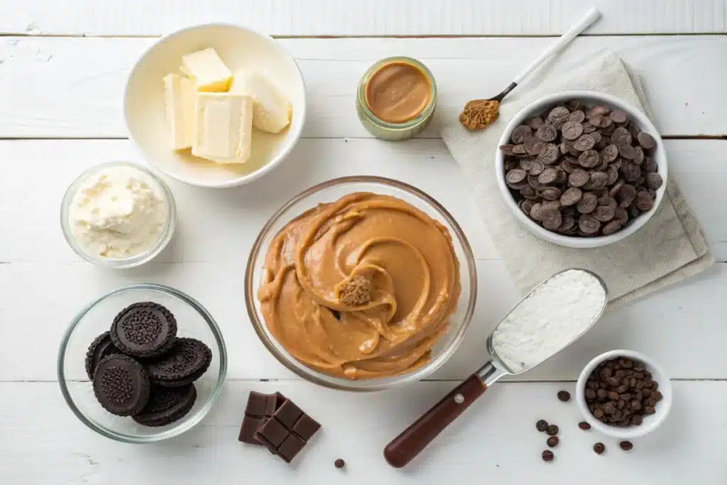 Top-down view of ingredients for chocolate peanut butter pie arranged on a white table, including peanut butter, Oreo cookies, cream cheese, powdered sugar, whipped topping, chocolate chips, and melted butter.