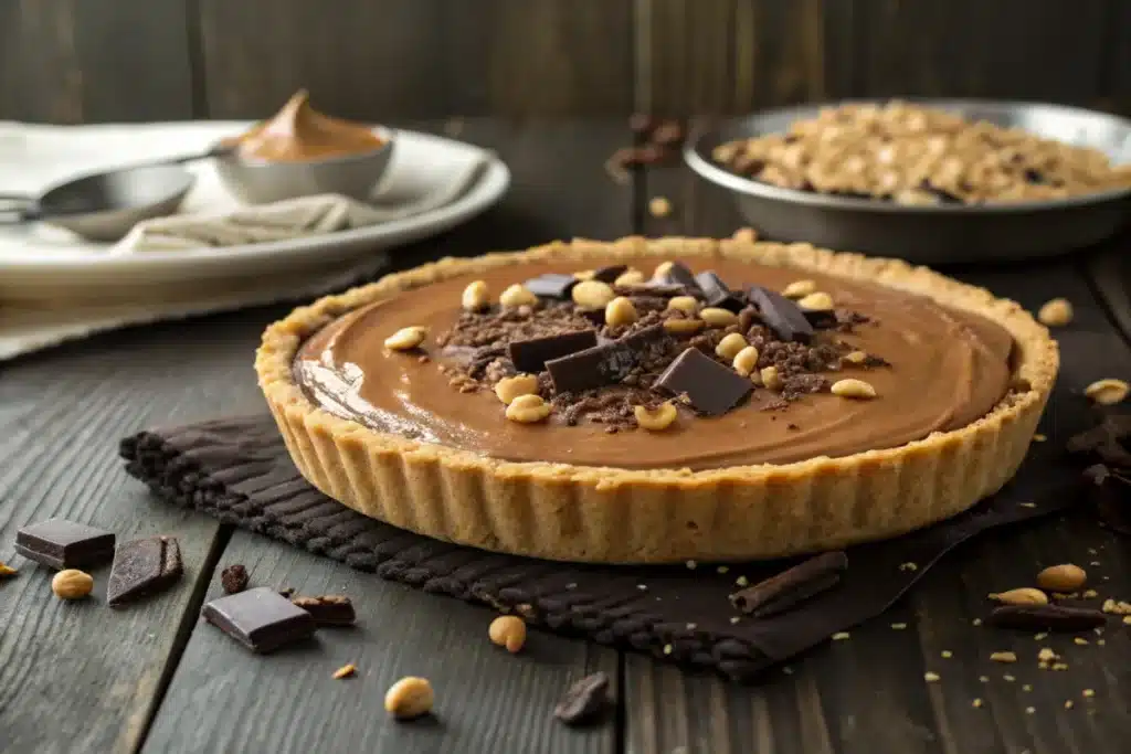 Close-up of a chocolate peanut butter pie with smooth peanut butter filling and melted chocolate topping resting on a kitchen counter, shown without hands or people.