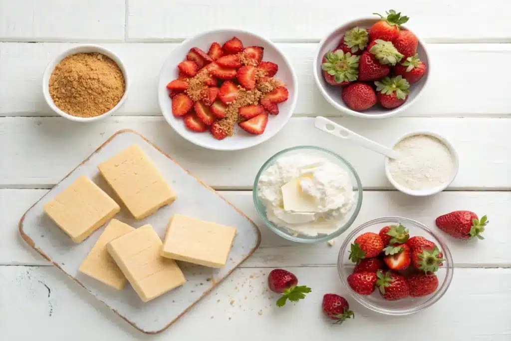 ingredients for Berrylicious Strawberry Crunch Cheesecake