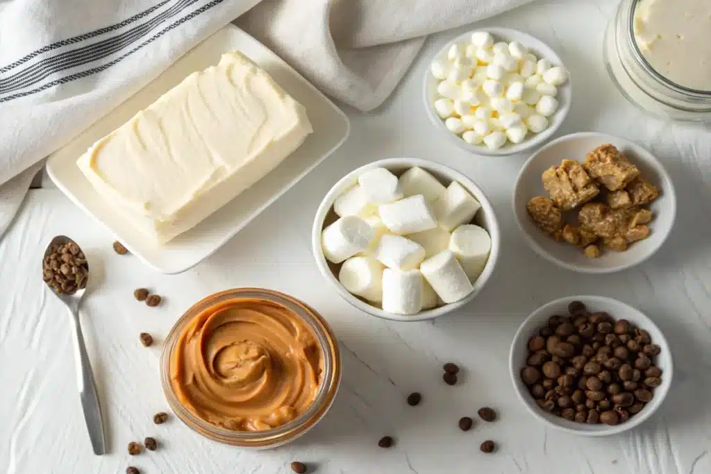 Top-down view of Reese’s Peanut Butter Fluff ingredients neatly arranged on a white table, including cream cheese, peanut butter, marshmallow creme, whipped topping, and chopped Reese’s candies.