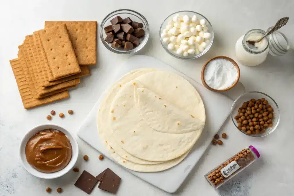 Ingredients arranged in a circular pattern around a blank center on a bright kitchen counter, with some spilled graham cracker crumbs for a natural touch.