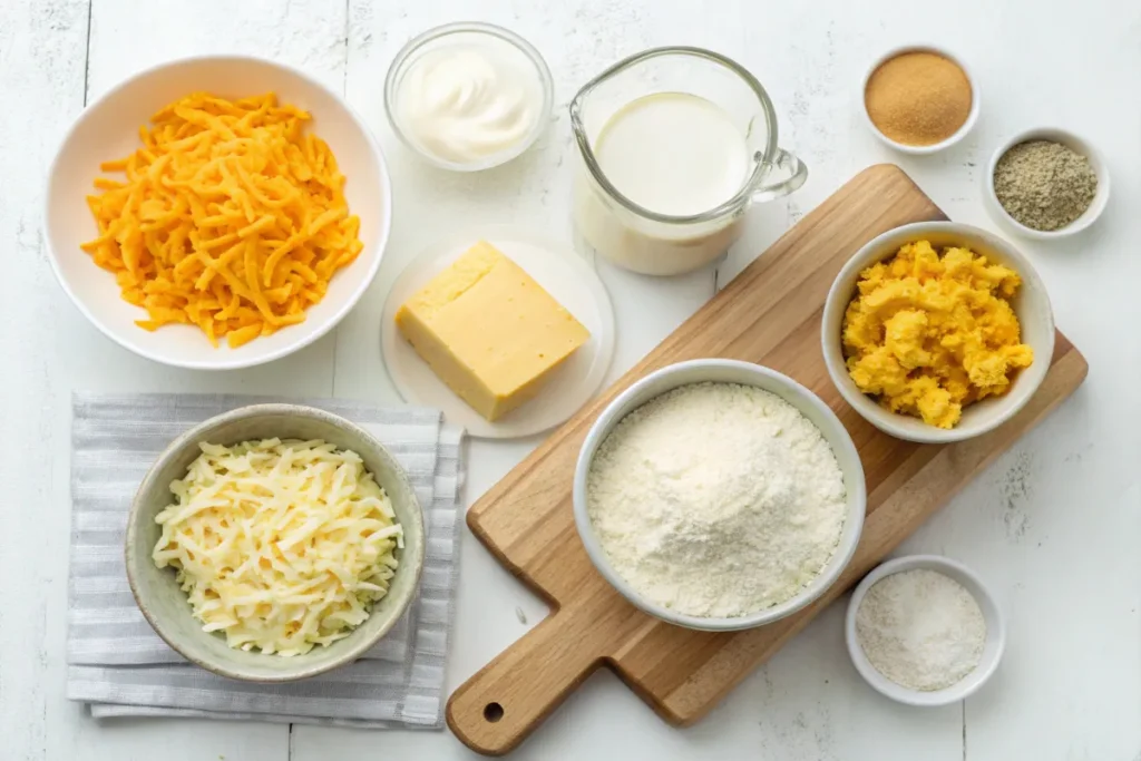 Top view of baked mac and cheese ingredients neatly arranged on a white table, including shredded cheese, macaroni, milk, butter, and flour.