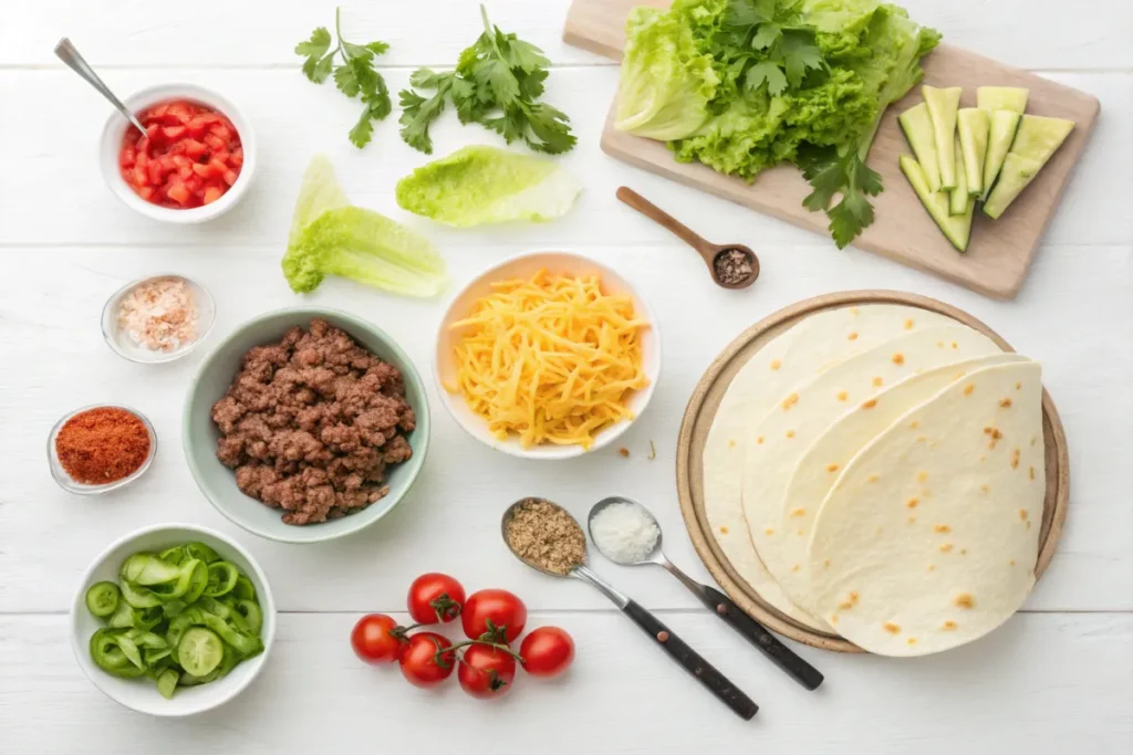 Top view of ingredients for cheesy gordita crunch on a white table, including tortillas, ground beef, shredded lettuce, cheese, taco shells, and spicy ranch sauce.