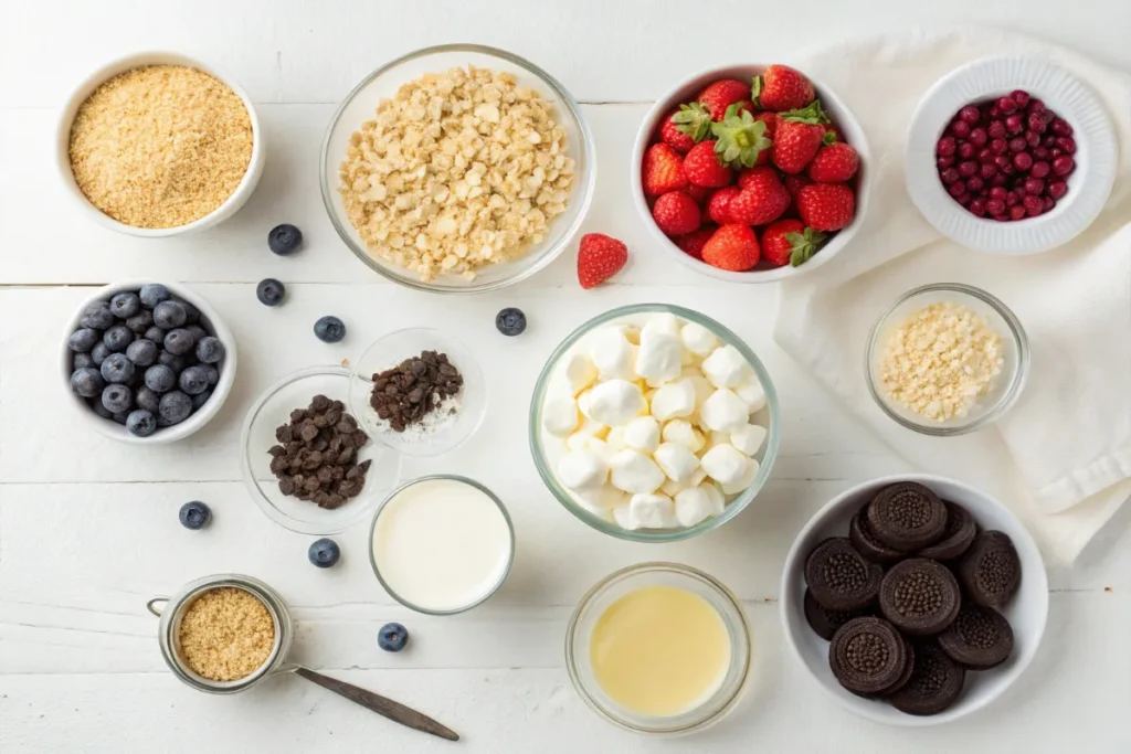 Top view of Rice Krispy cheesecake ingredients on a white table.