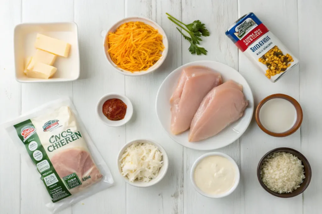 A top view of crack chicken ingredients on a white table, including chicken breasts, cream cheese, cheddar cheese, ranch seasoning, and chicken broth