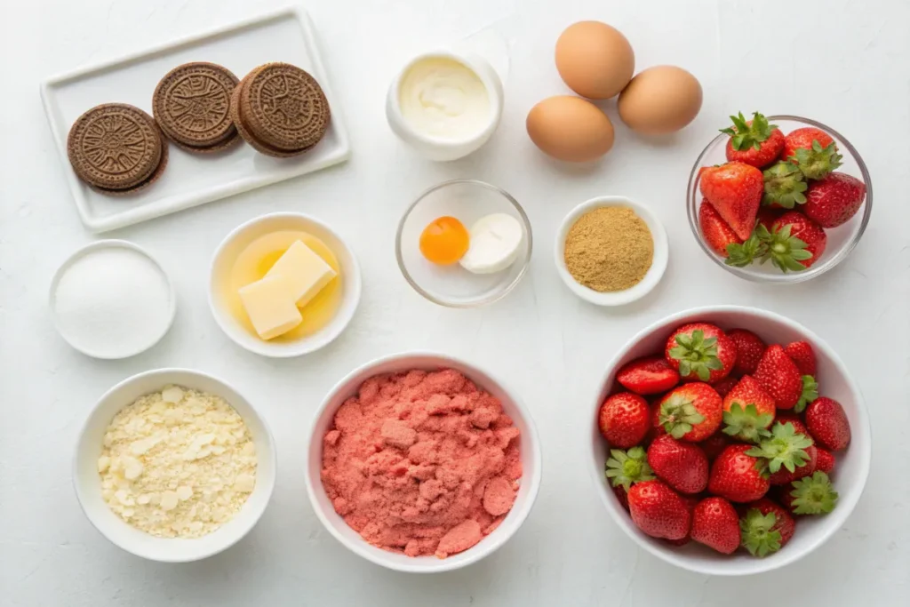 Top-down view of strawberry crunch cookie ingredients: strawberry cake mix, eggs, vegetable oil, Golden Oreos, strawberry Jell-O, and cream cheese on a white table.