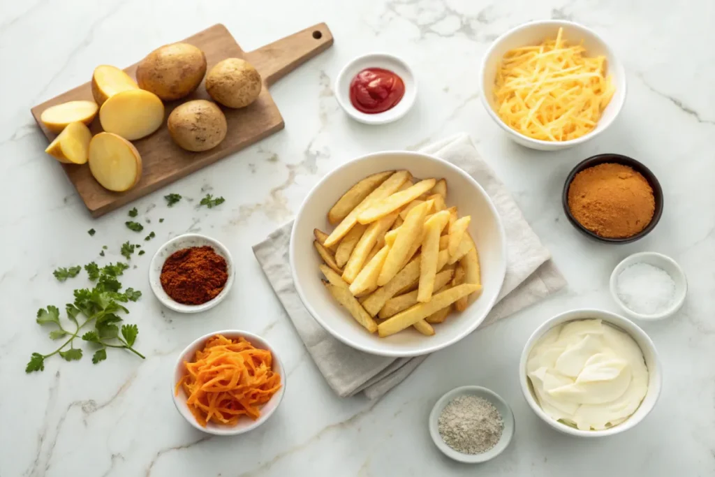 Top view of Taco Bell Nacho Fries ingredients on a white table, including russet potatoes, spices, and shredded cheese, neatly arranged for cooking.