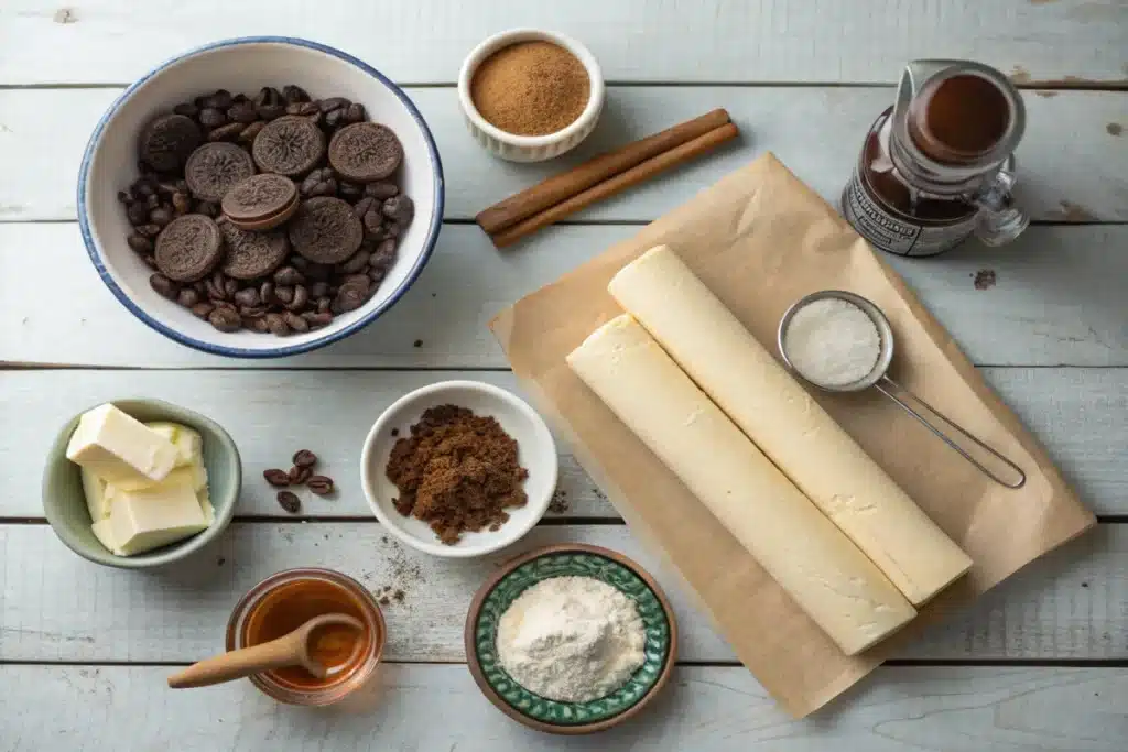 Ingredients for Oreo-Stuffed Cinnamon Rolls on a kitchen counter