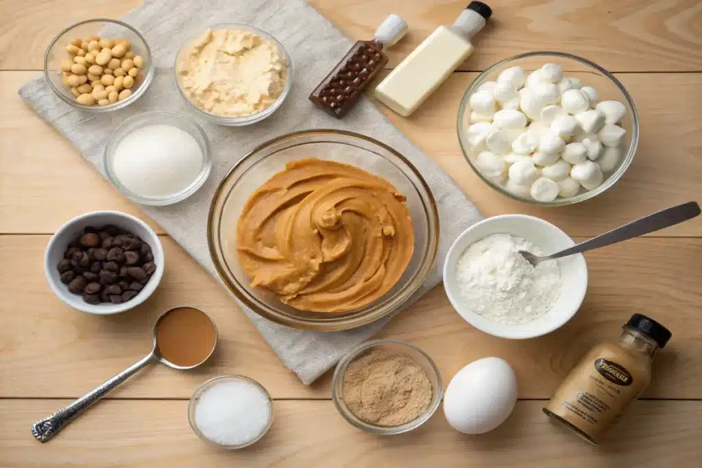 Ingredients for peanut butter s’mores sandwich cookies laid out on a kitchen counter