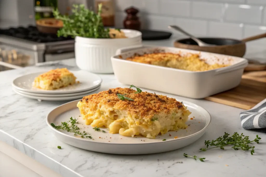 A beautifully presented baked mac and cheese dish on a marble countertop, with a golden crust and creamy texture in a modern kitchen setting.