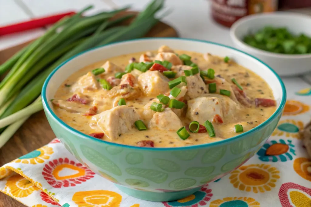 A close-up of crack chicken in a bowl, garnished with green onions, on a colorful kitchen countertop, with a bright and lively background