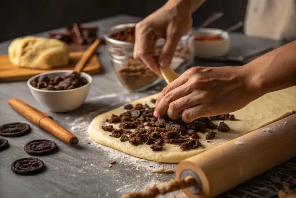 Stuffing Oreos into cinnamon roll dough