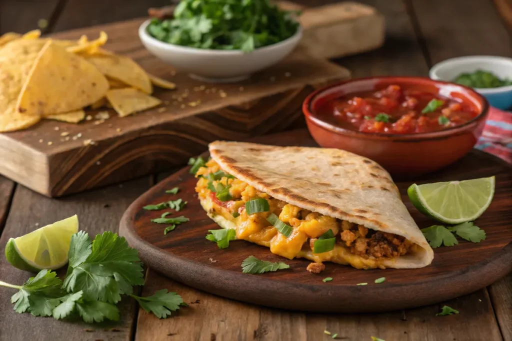 Gordita tacos arranged on a festive Mexican blanket with vibrant toppings, lime wedges, and dipping sauces for a party-style presentation.