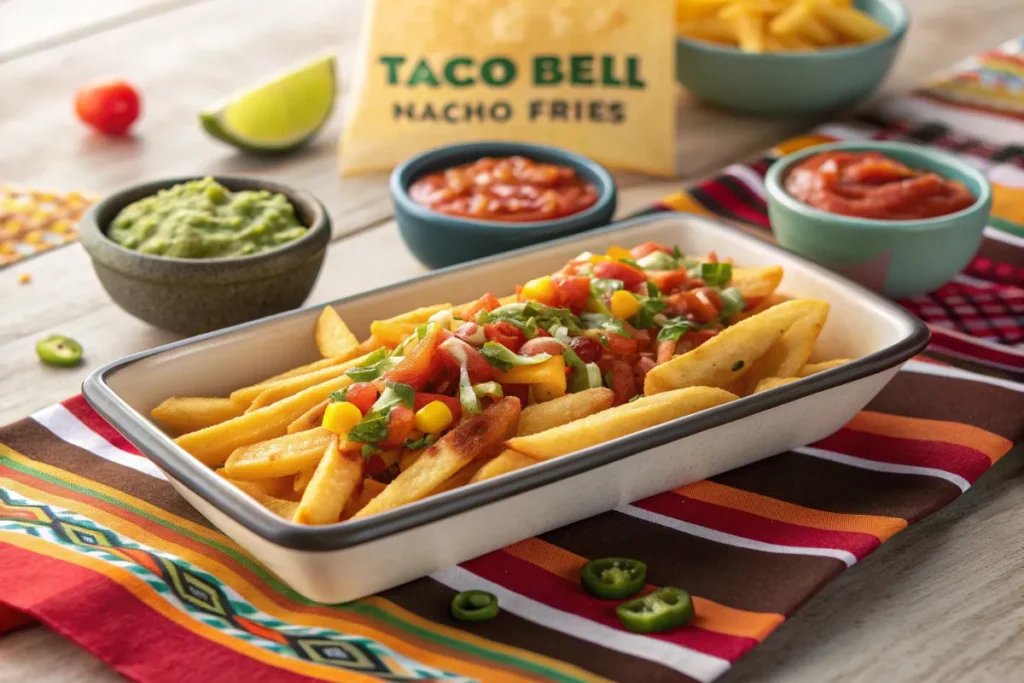 Nacho Fries covered in gooey cheese sauce, presented with colorful Mexican napkins and festive side dips like guacamole and pico de gallo.