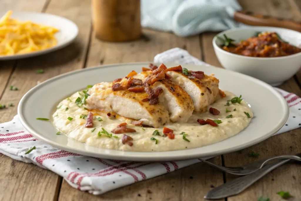 A finished plate of crack chicken, creamy and cheesy, served on a rustic wooden table with a neutral background, showcasing the rich and hearty dish.