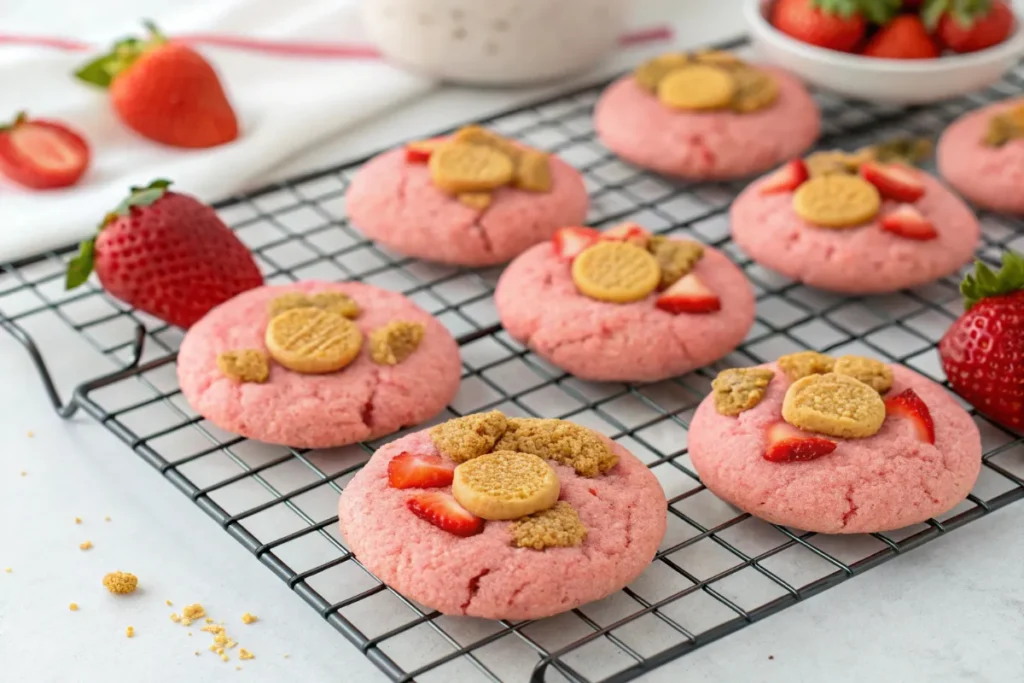 Strawberry crunch cookies elegantly presented on a decorative plate with a soft pink napkin, set against a sophisticated and clean background, perfect for a dessert table.